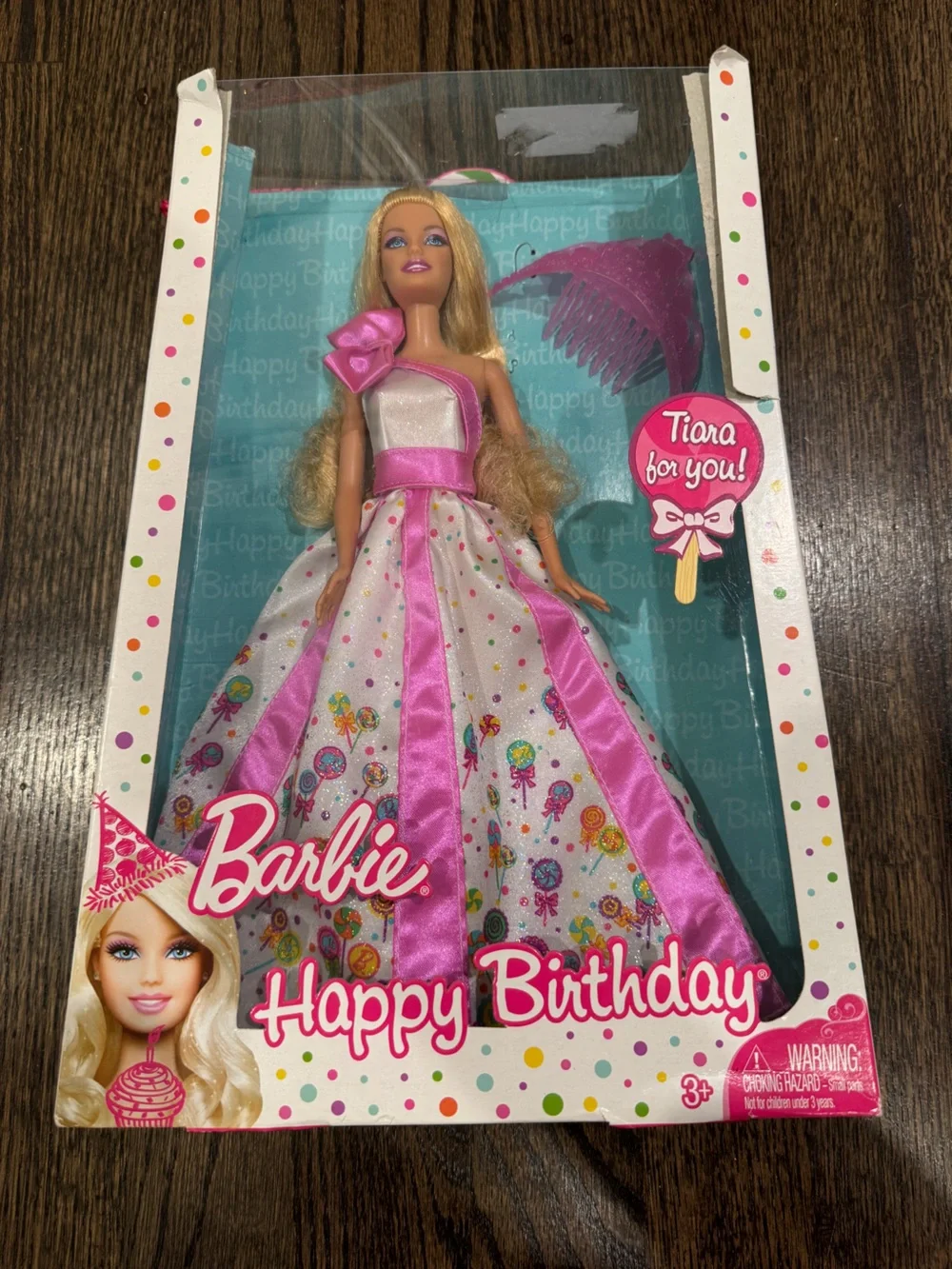 Happy Birthday Barbie Doll with Tiara Lollipop-Pattern Dress